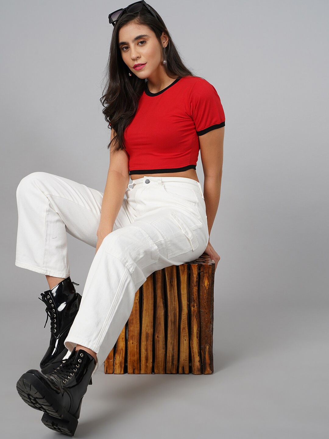 

BAESD Short Sleeves Fitted Crop Top, Red