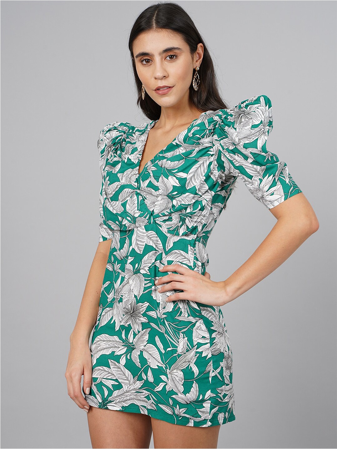 

BAESD Floral Printed Puff Sleeves Sheath Dress, Green