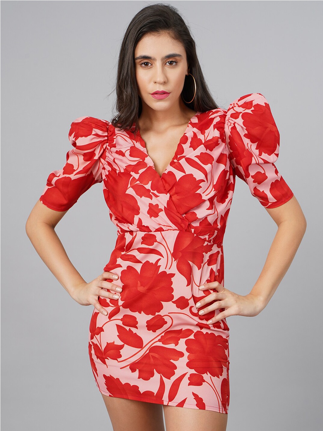 

BAESD Floral Printed Puff Sleeves Sheath Dress, Red