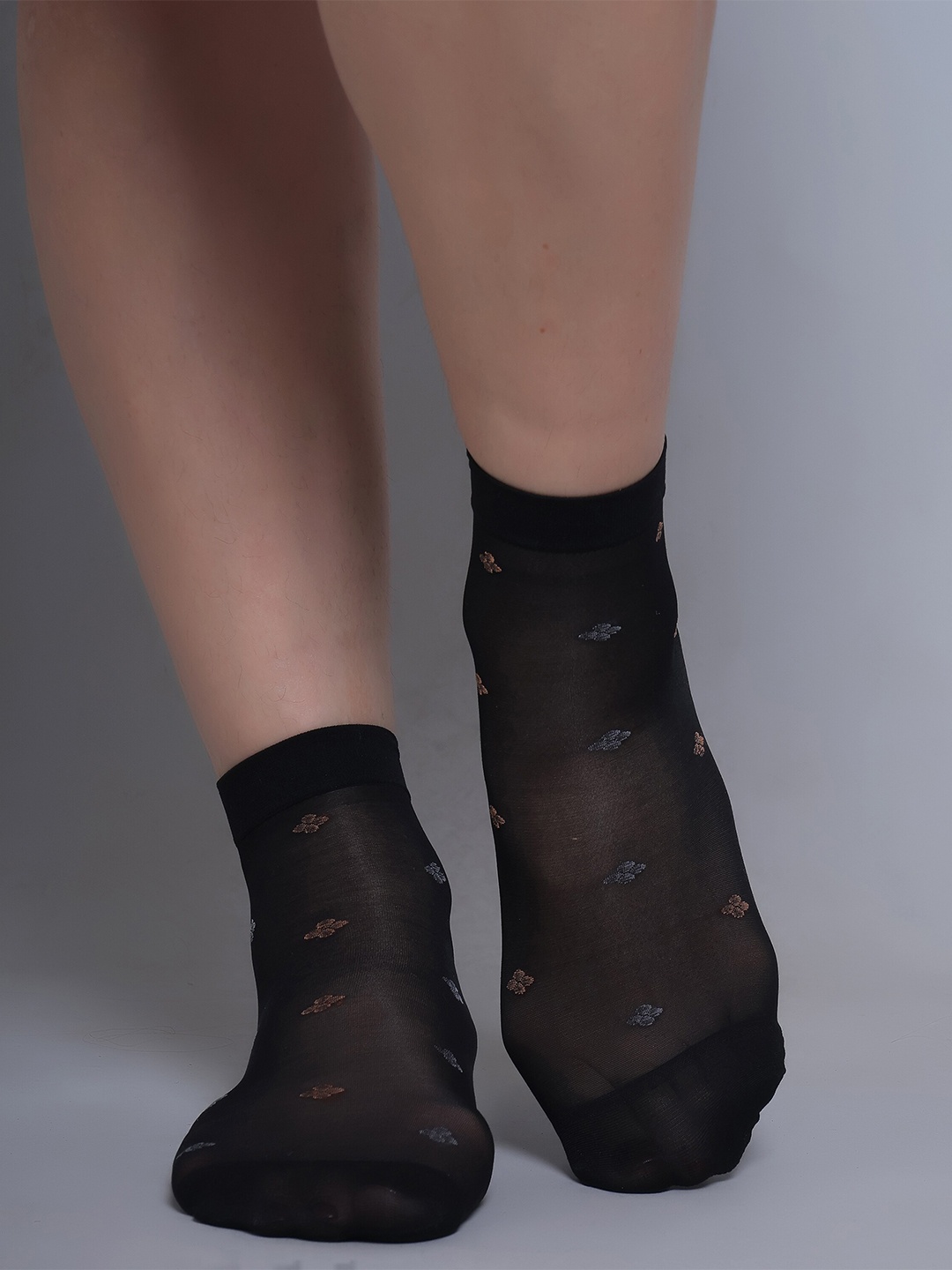 

COLOR STYLE Women Pack Of 3 Printed Cotton Above Ankle Length Socks, Black
