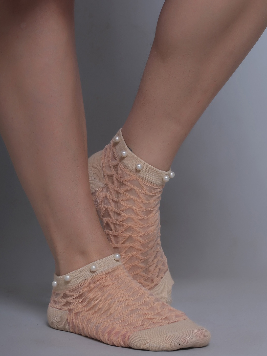 

COLOR STYLE Women Patterned Cotton Semi-Sheer Ankle-Length Socks, Beige