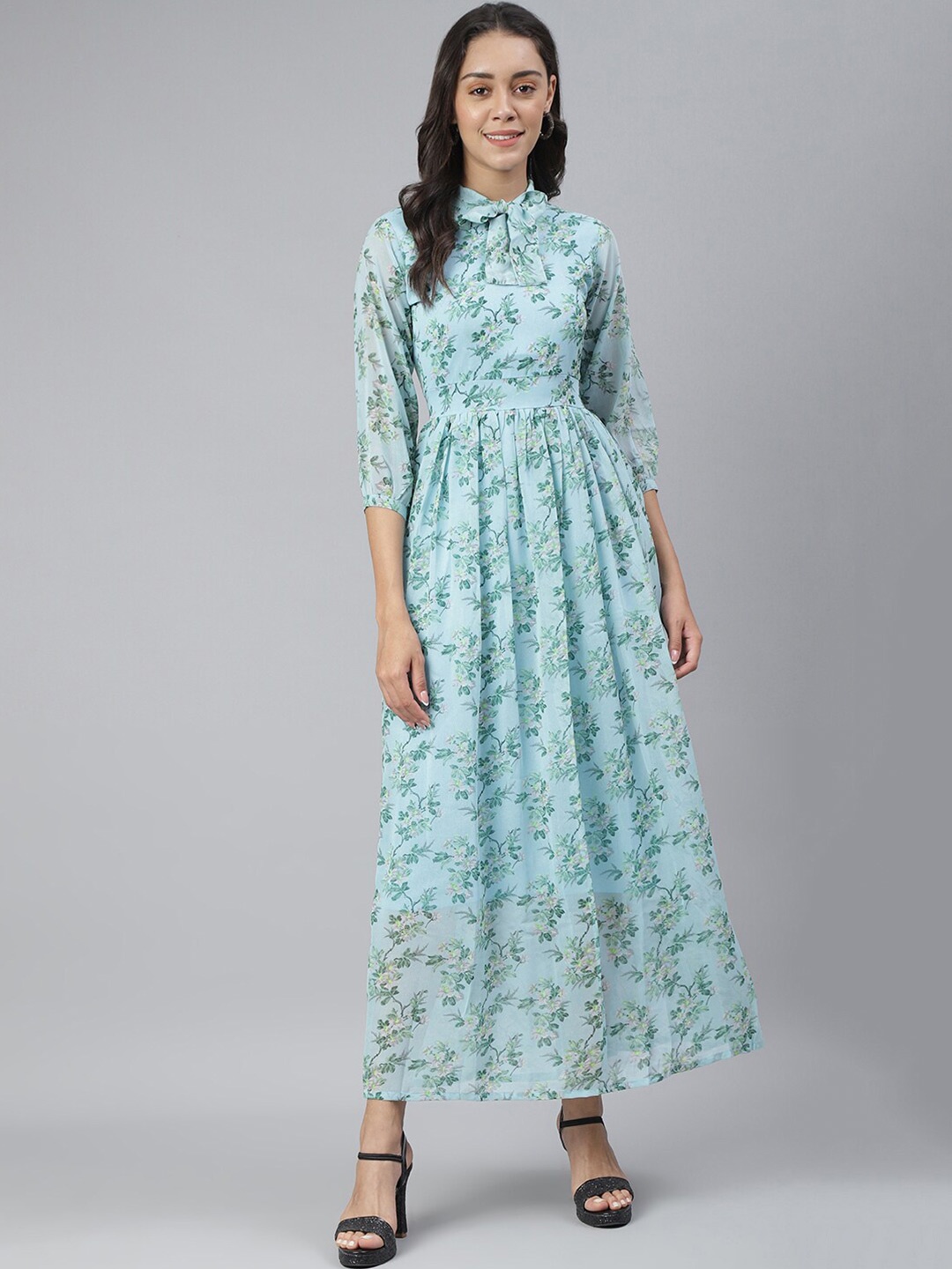 

BAESD Floral Printed Shirt Collar Georgette Maxi Dress, Blue