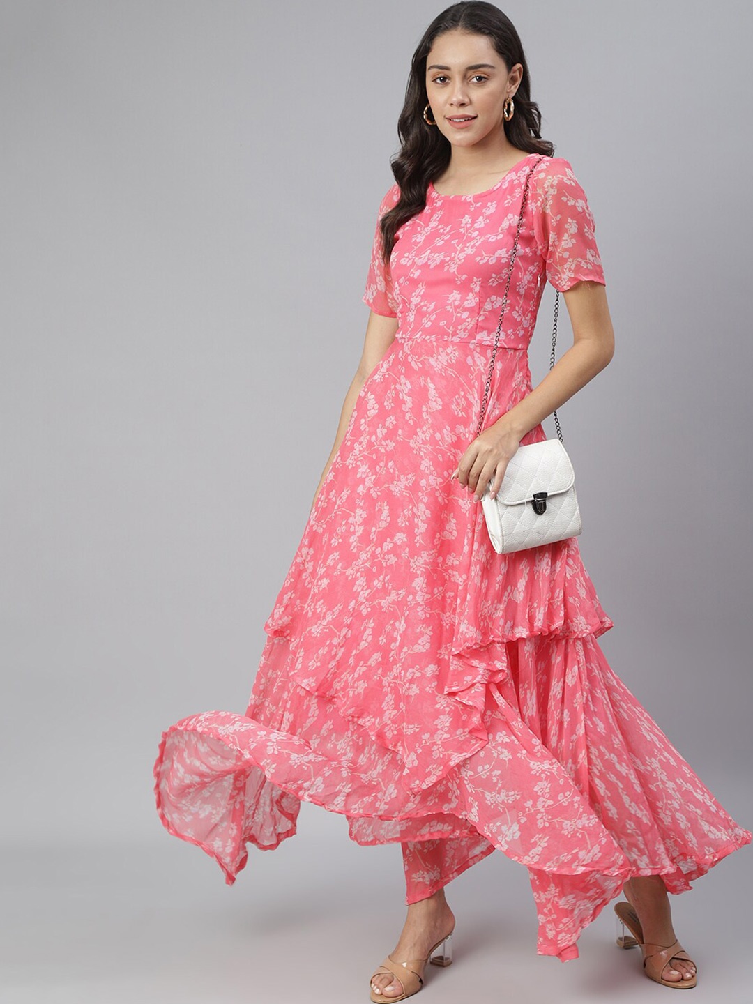 

BAESD Floral Printed Round Neck Georgette Maxi Dress, Pink