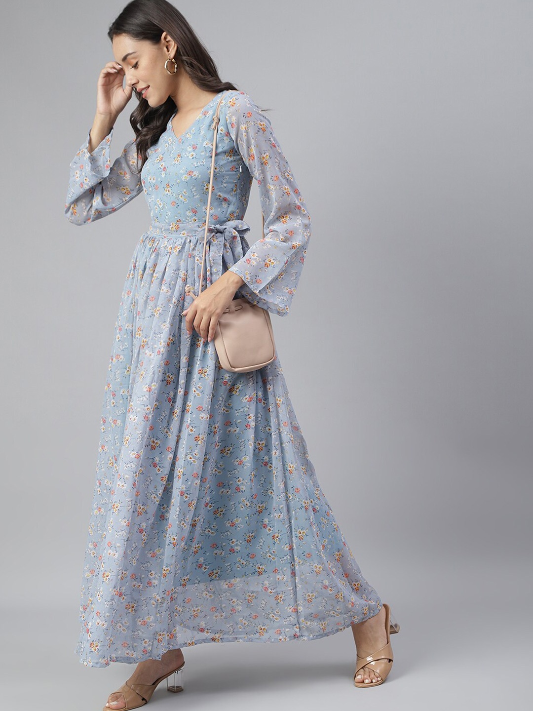 

BAESD Floral Printed Bell Sleeve Georgette Maxi Dress, Blue