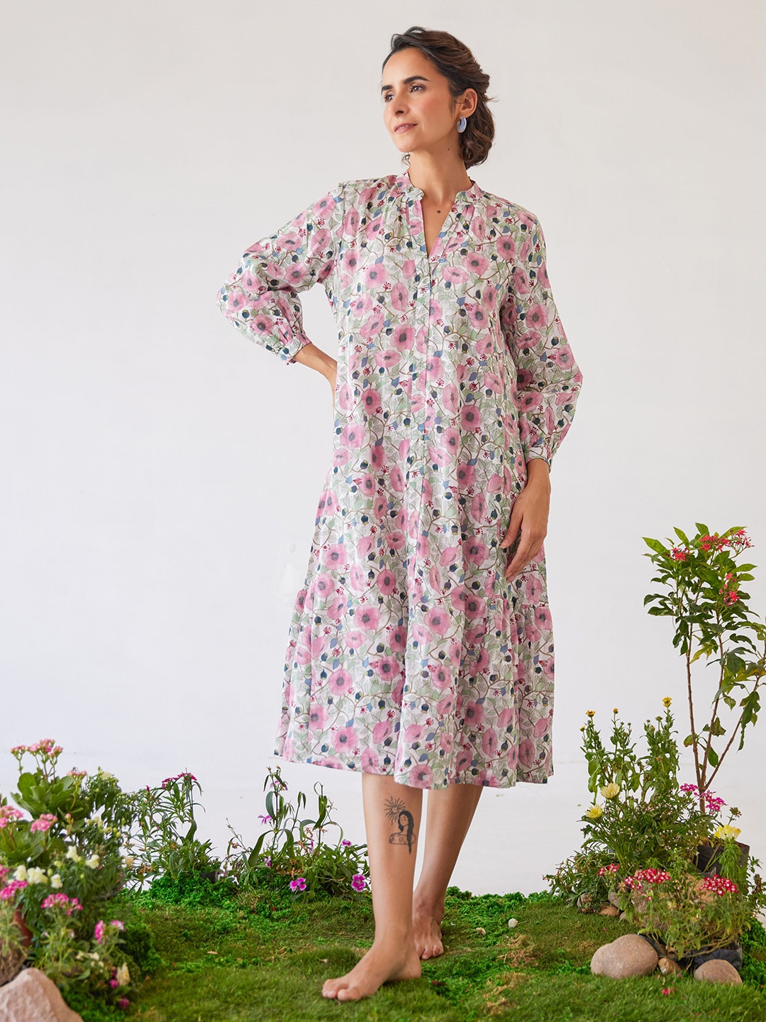 

Baise Gaba Floral Printed Satin A-Line Midi Dress, Pink