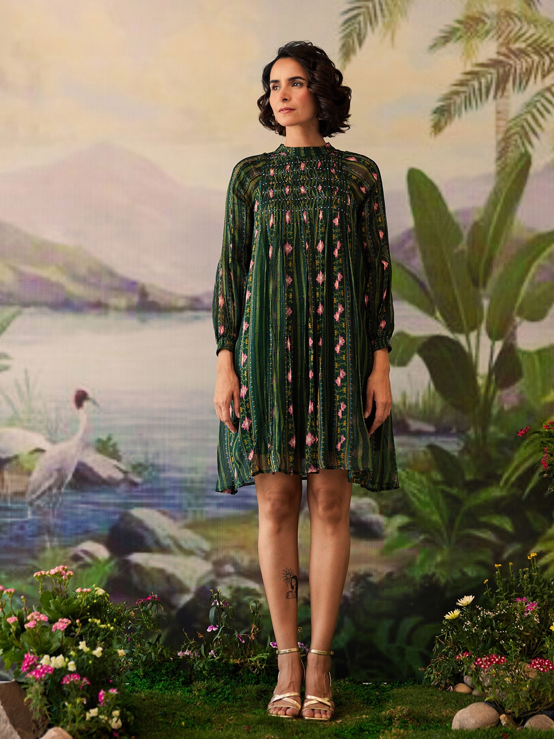 

Baise Gaba Floral Printed Chiffon Smocked A-Line Knee Length Dress, Green