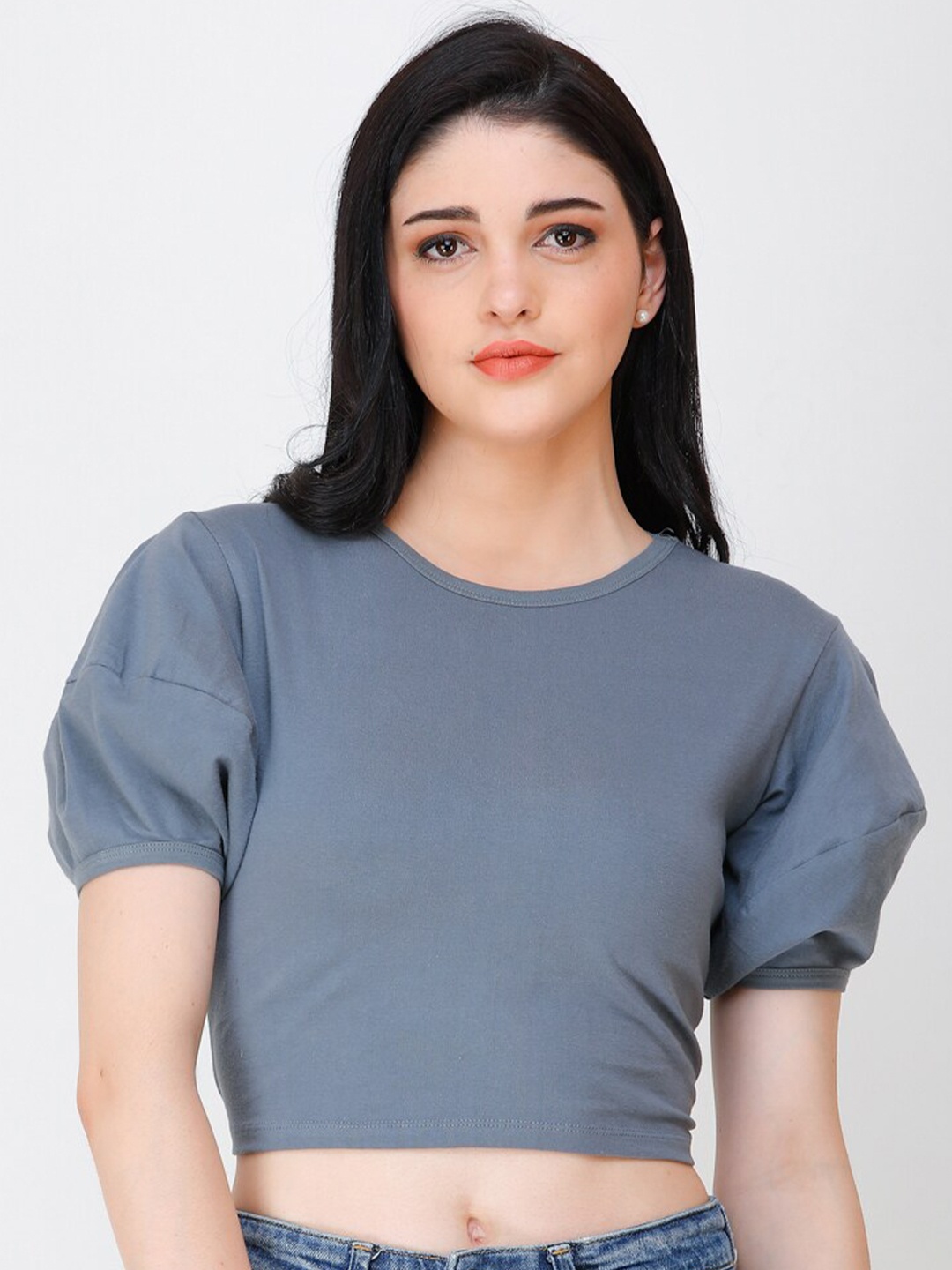 

BAESD Puff Sleeves Cotton Crop Top, Grey