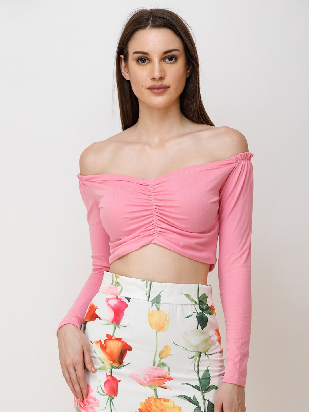 

BAESD Off-Shoulder Long Sleeves Cotton Bardot Crop Top, Pink