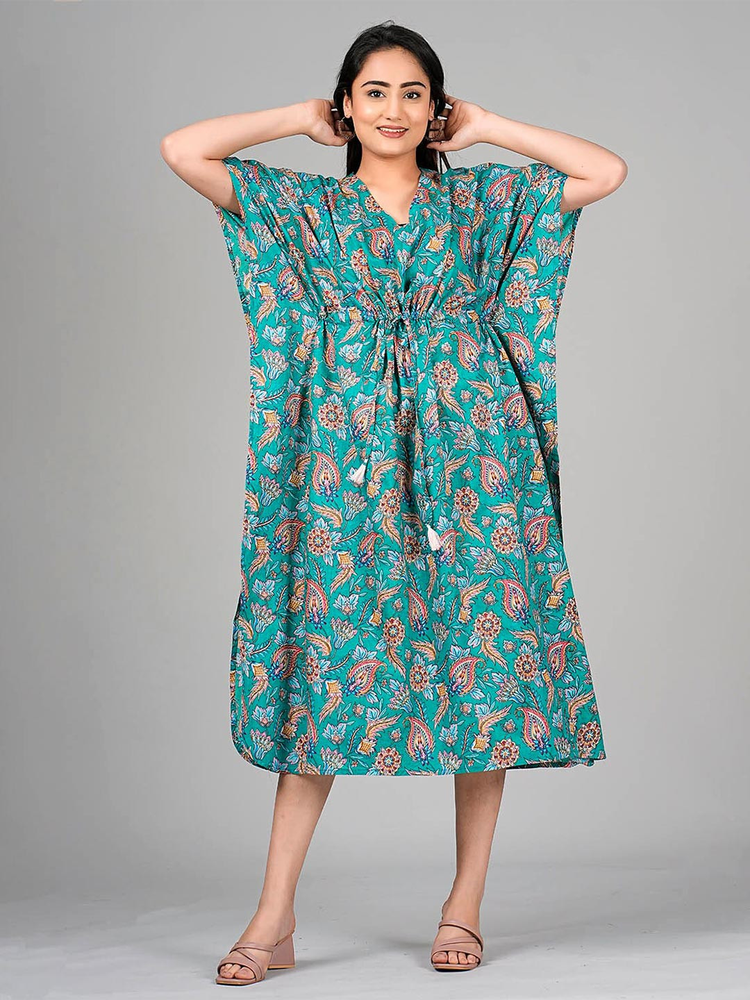 

SHOOLIN Printed Pure Cotton Kaftan Nightdress, Sea green