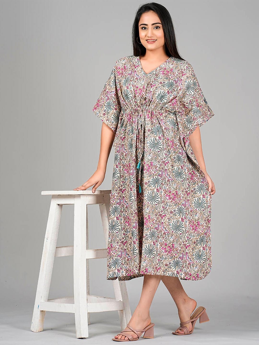 

SHOOLIN Floral Printed Kaftan Midi Dress, Off white