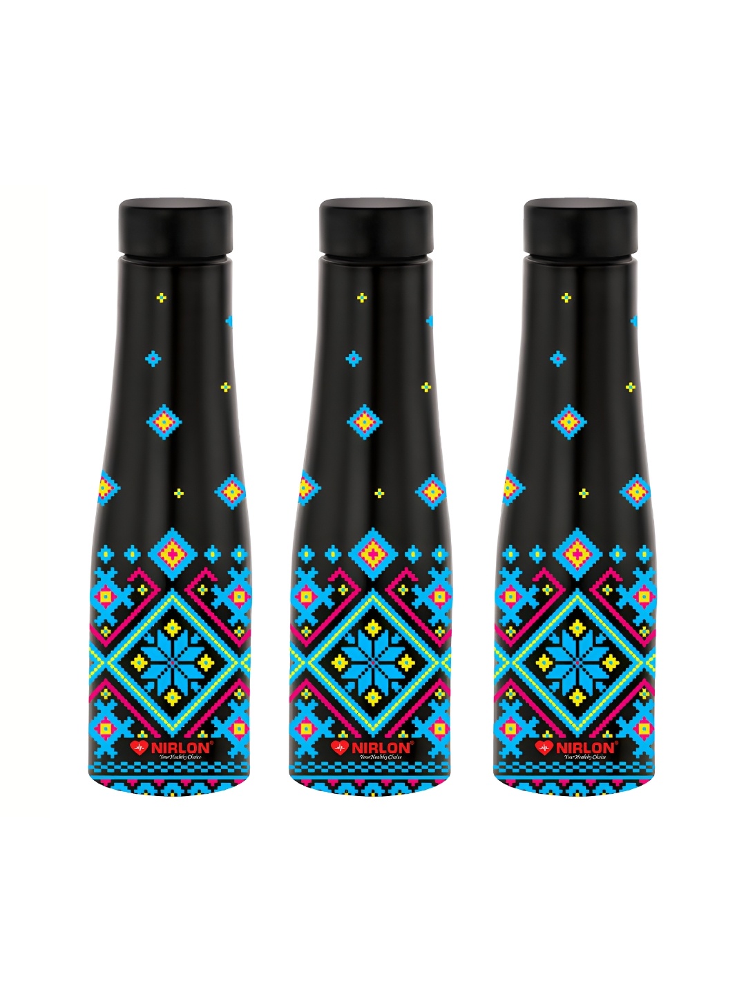 

NIRLON Black 3 Pieces Printed Stainless Steel Single Wall Vacuum Water Bottles 1 L Each