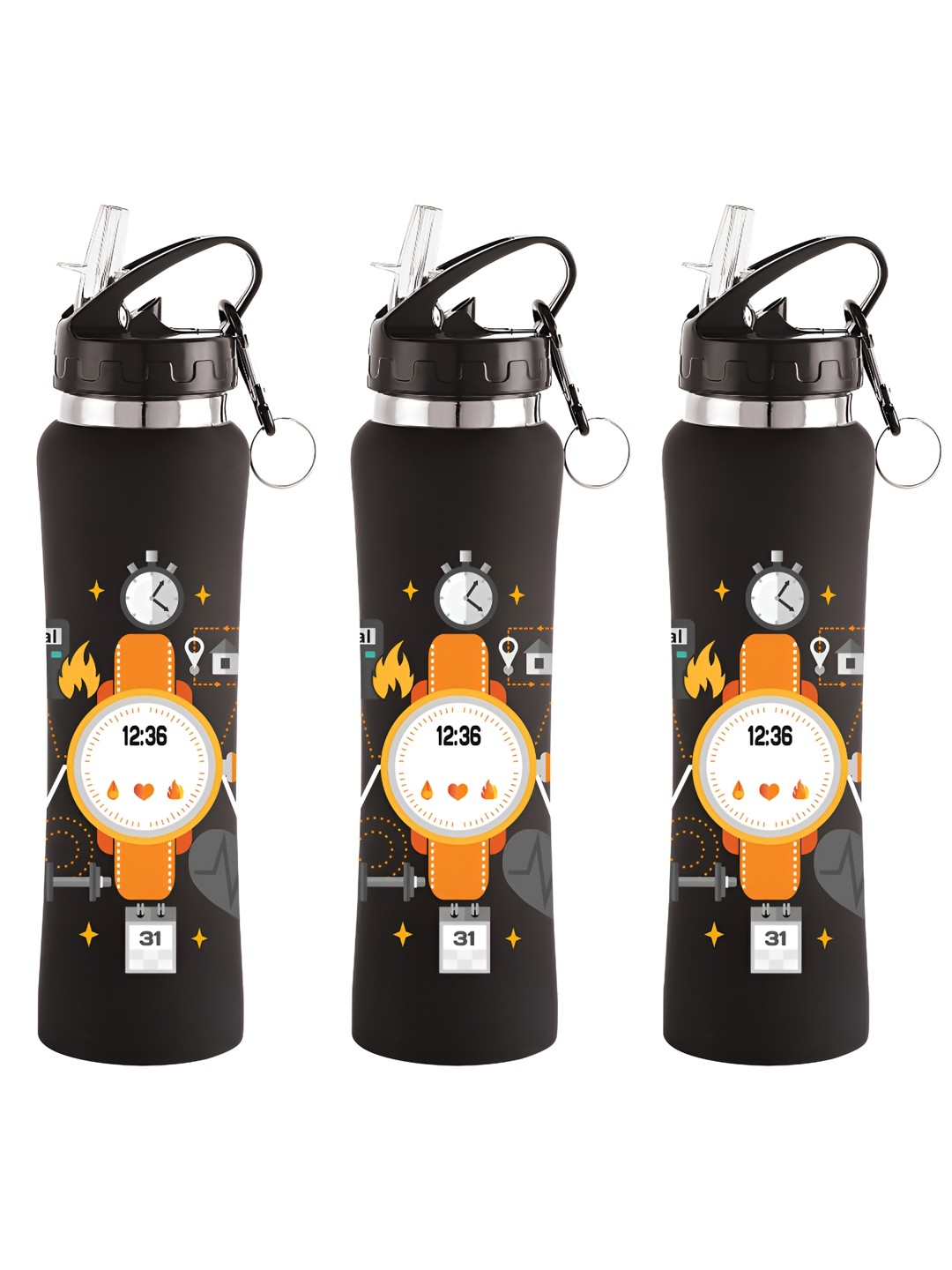 

NIRLON Black 3 Pieces Printed Stainless Steel Single Wall Vacuum Sippers 750 ml Each