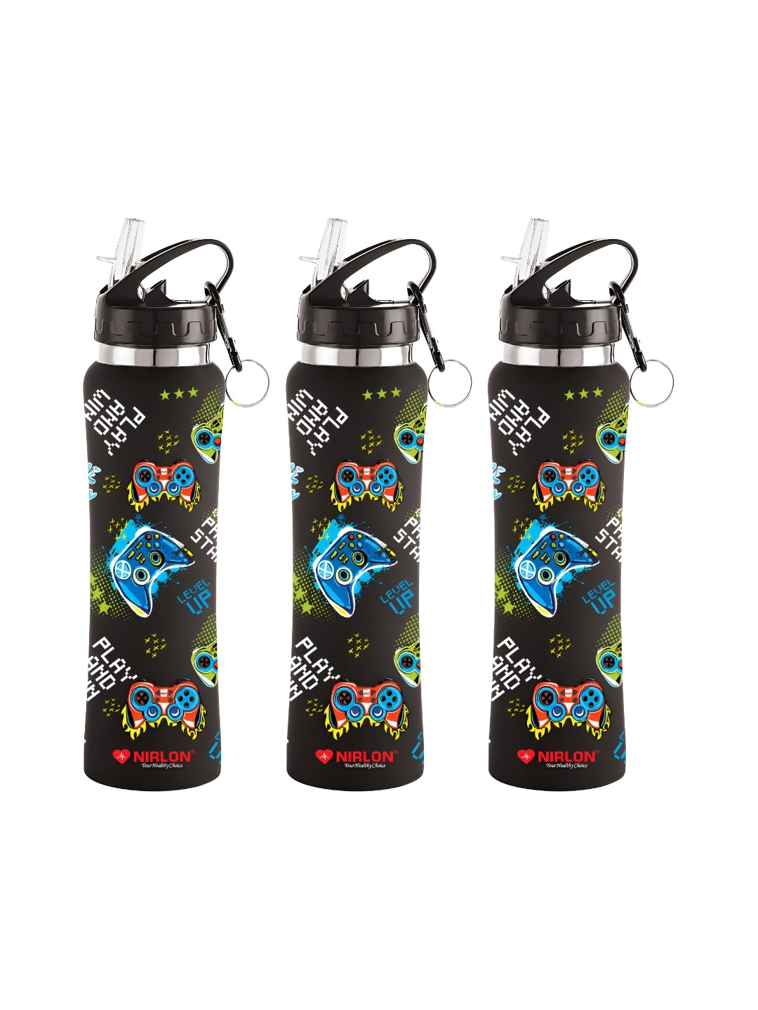 

NIRLON Black 3 Pieces Printed Stainless Steel Single Wall Vacuum Water Bottles 750ml Each