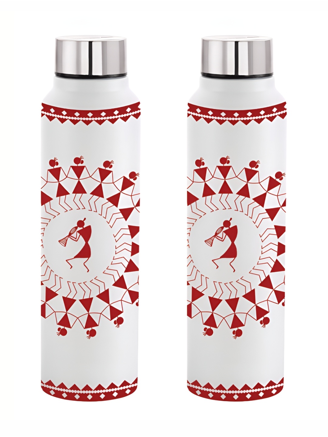 

NIRLON White 2 Pcs Warli Printed Stainless Steel Single Wall Vacuum Water Bottles 1L Each