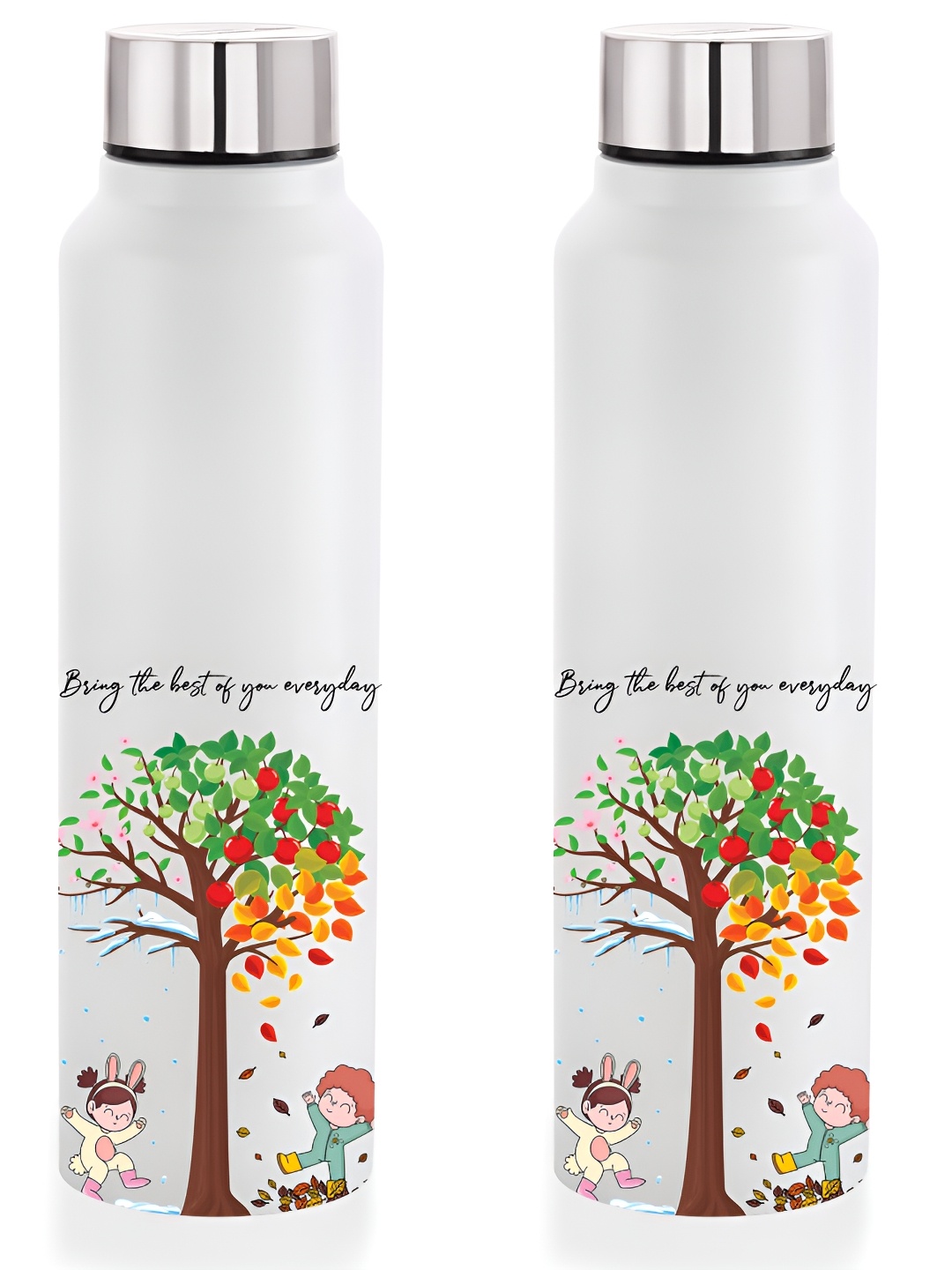 

NIRLON White 2 Pieces Printed Stainless Steel Single Wall Vacuum Water Bottles 1L Each