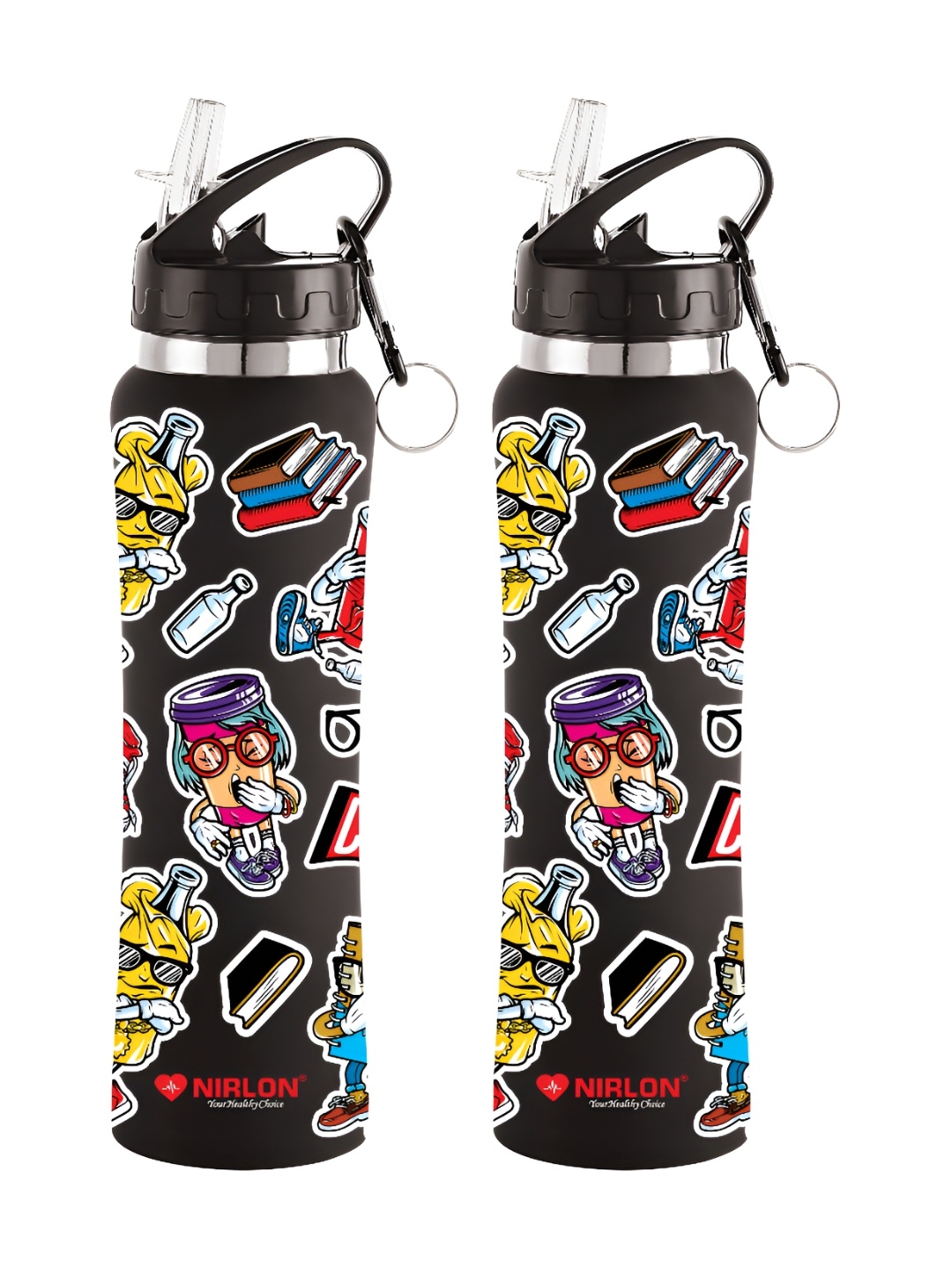 

NIRLON Black 2 Pieces Printed Stainless Steel Single Wall Vacuum Sippers 750 ml Each