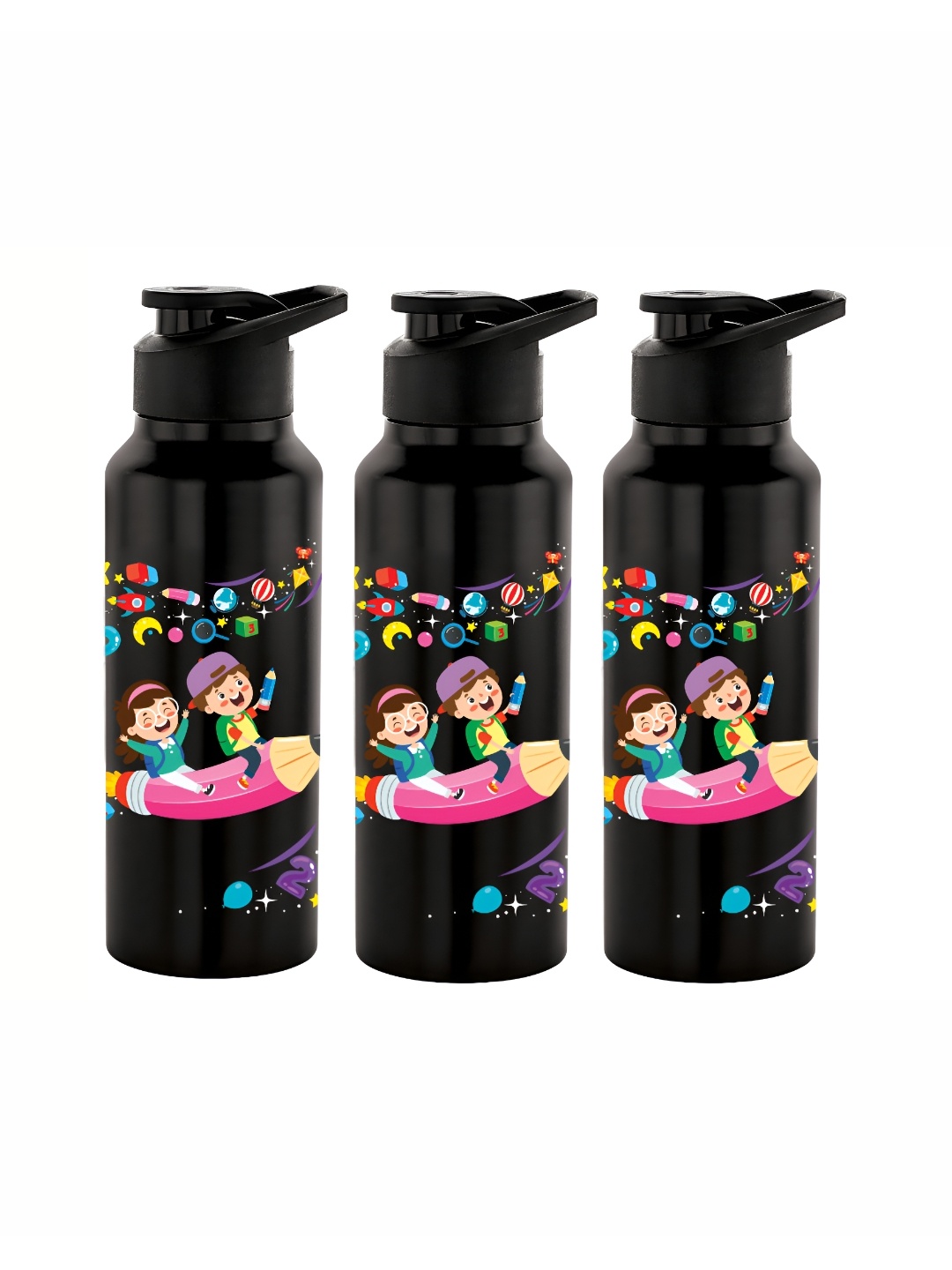 

NIRLON Black 3 Pieces Printed Stainless Steel Single Wall Vacuum Sippers 750 ml Each