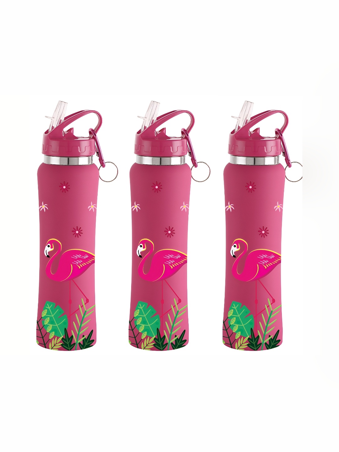 

NIRLON Pink 3 Pieces Printed Stainless Steel Single Wall Vacuum Water Bottles 750 ml Each