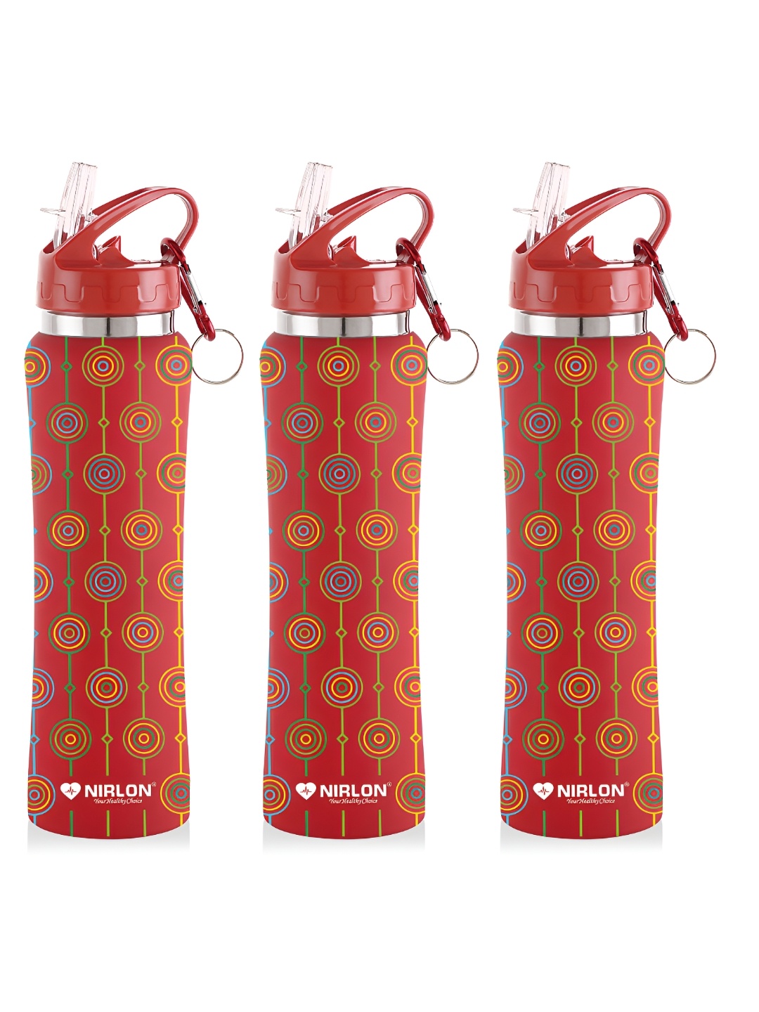 

NIRLON Red 3 Pieces Printed Stainless Steel Single Wall Vacuum Water Bottles 750 ml Each