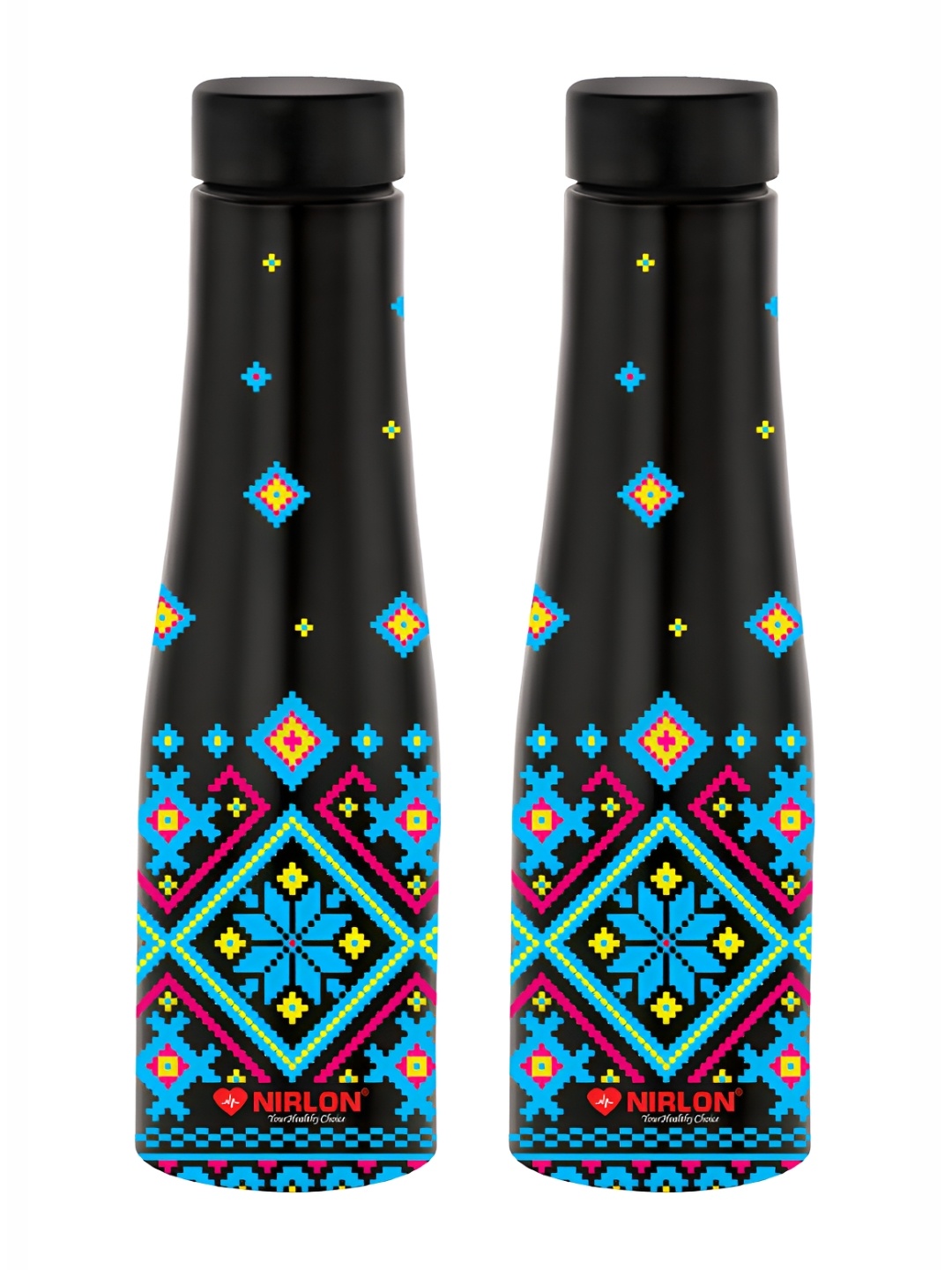 

NIRLON Black &Blue 2 Pcs Printed Stainless Steel Single Wall Vacuum Water Bottles 1L Each