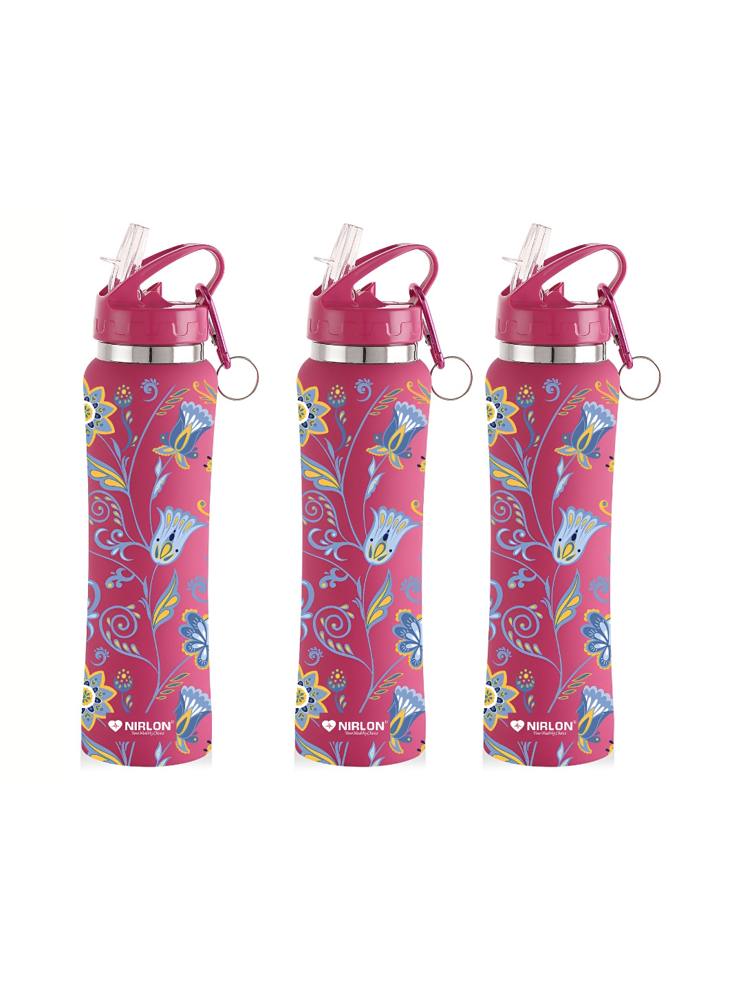 

NIRLON Pink 3 Pieces Printed Stainless Steel Single Wall Vacuum Water Bottles 750 ml Each