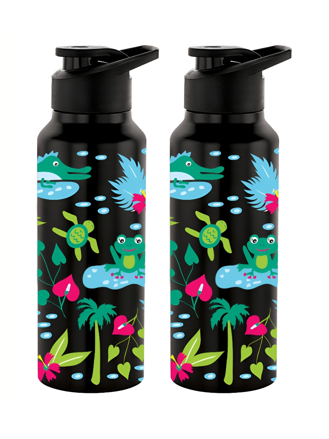 

NIRLON Black 2 Pieces Printed Stainless Steel Single Wall Vacuum Water Bottles 750 ml Each