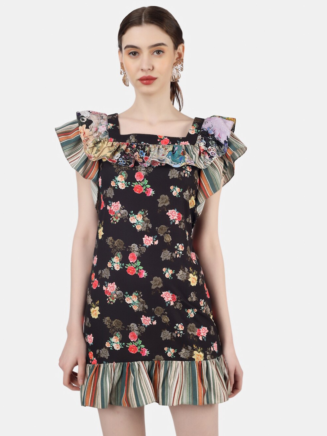 

Sukshat Floral Print Flutter Sleeve Fit & Flare Mini Dress, Black