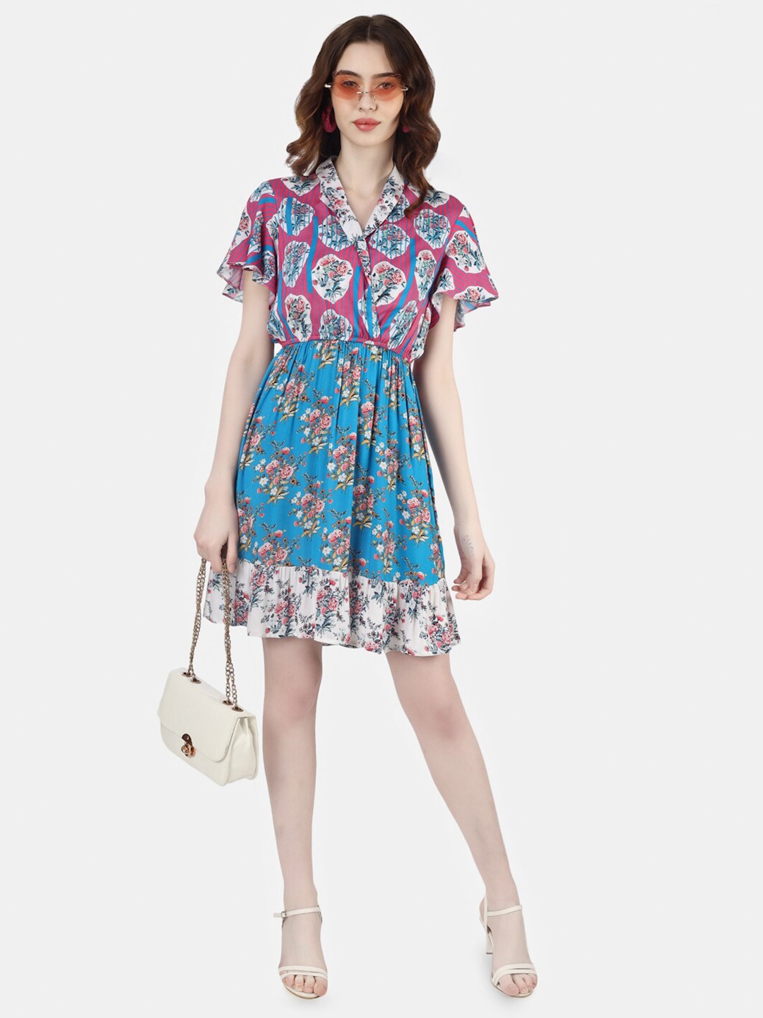 

Sukshat Floral Printed Flared Sleeve Fit & Flare Dress, Blue