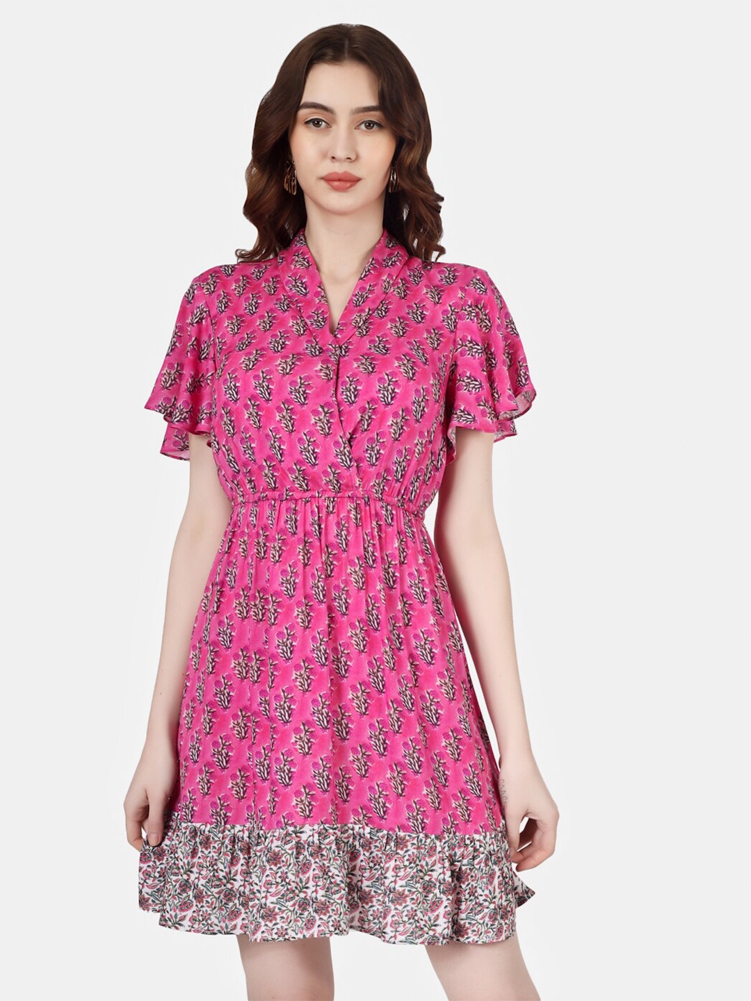 

Sukshat Floral Printed Flutter Sleeve Fit & Flare Dress, Pink