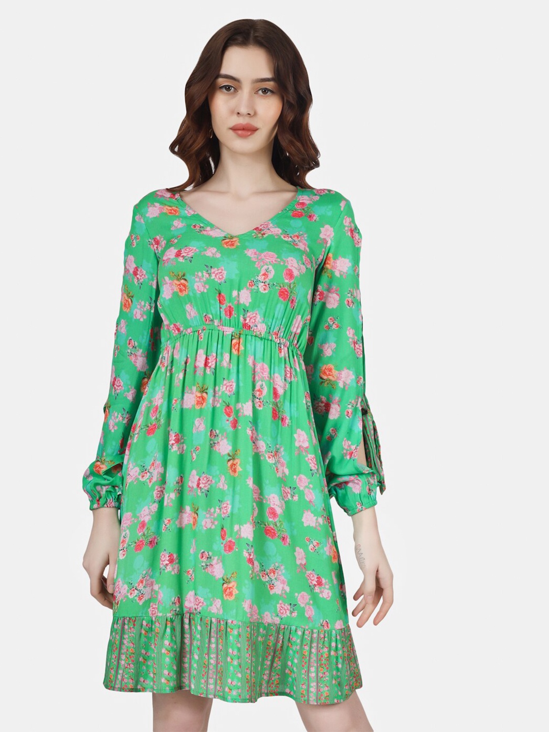 

Sukshat Floral Printed Puff Sleeve Fit & Flare Dress, Green