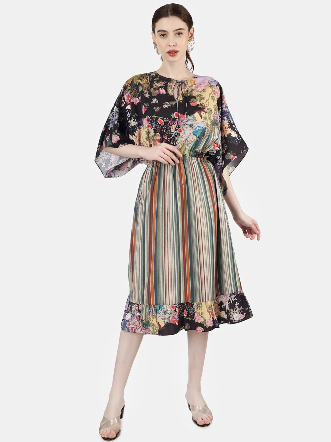 

Sukshat Floral Printed Cape Sleeve Blouson Midi Dress, Black