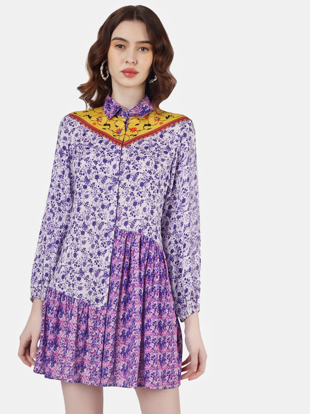 

Sukshat Floral Printed Shirt Collar Fit & Flare Mini Dress, Purple