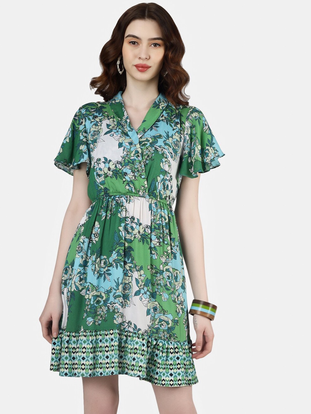 

Sukshat Floral Printed Flared Sleeves Fit & Flare Dress, Green