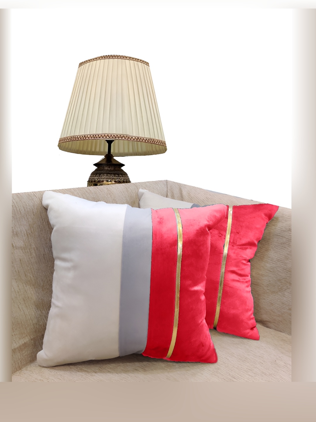

Good Vibes Pink & Grey 2 Pieces Striped Velvet Square Cushion Covers