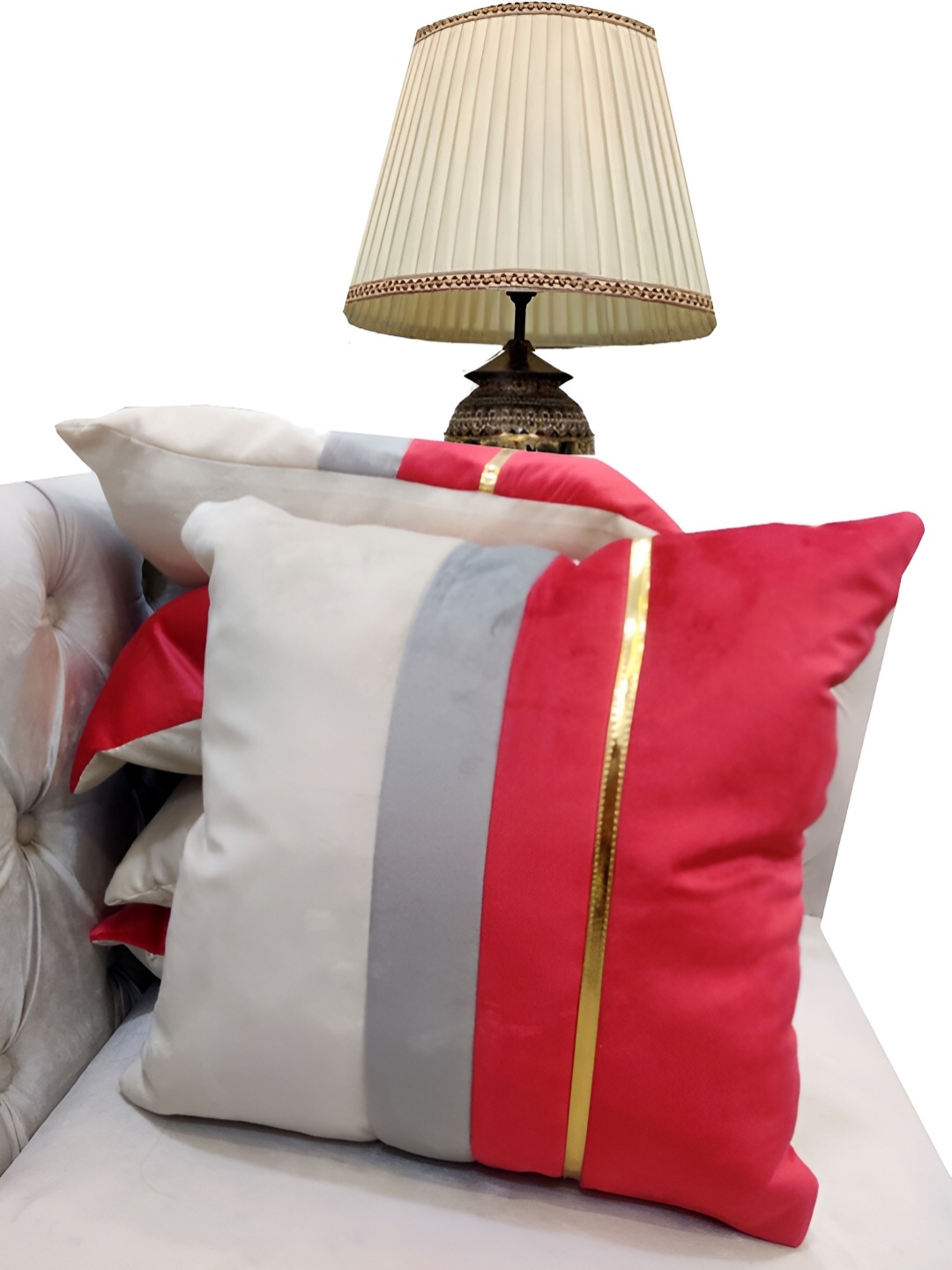 

Good Vibes Pink & Grey 5 Pieces Striped Velvet Square Cushion Covers