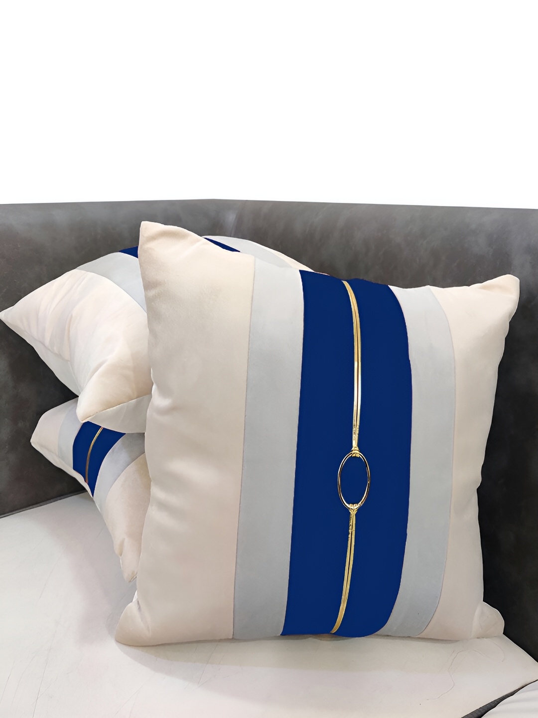 

Good Vibes Blue & Beige 3 Pieces Striped Velvet Square Cushion Covers