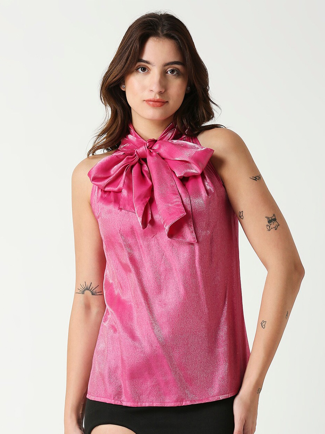 

Remanika Tie-Up Neck Sleeveless Cotton Top, Pink