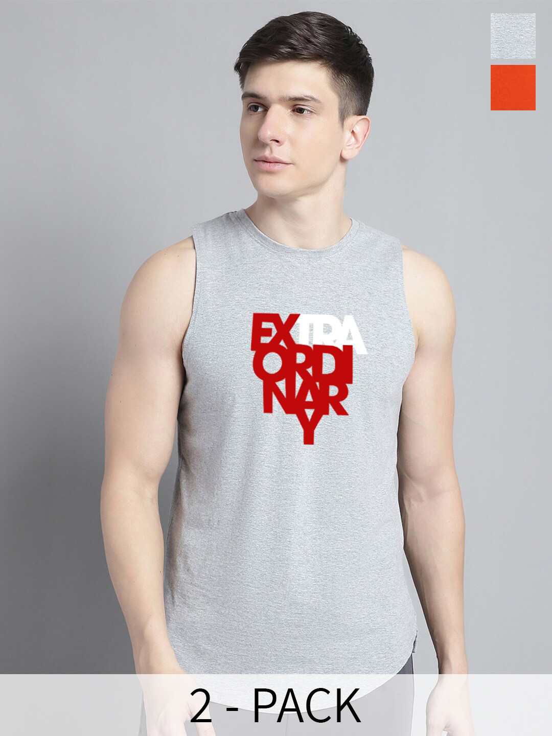 

FBAR Pack Of 2 Typography Printed Skin Friendly Bio Wash Cotton Gym Vest, Grey