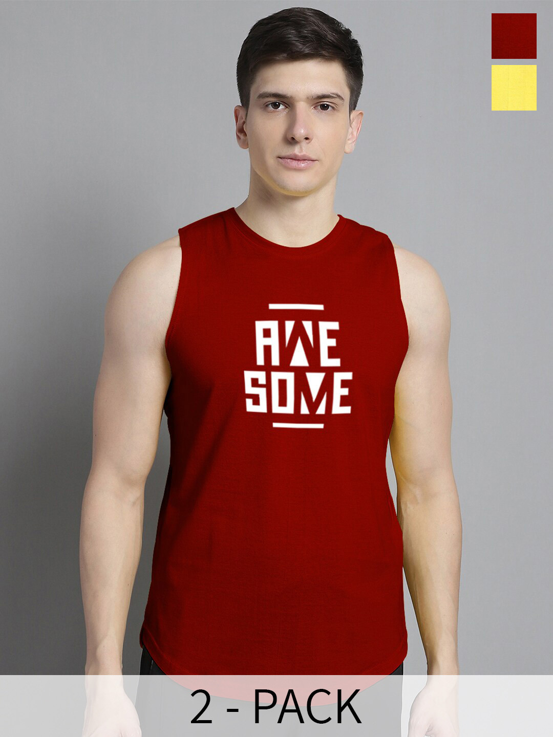 

FBAR Pack Of 2 Typography Printed Skin Friendly Bio Wash Cotton Gym Vest, Maroon