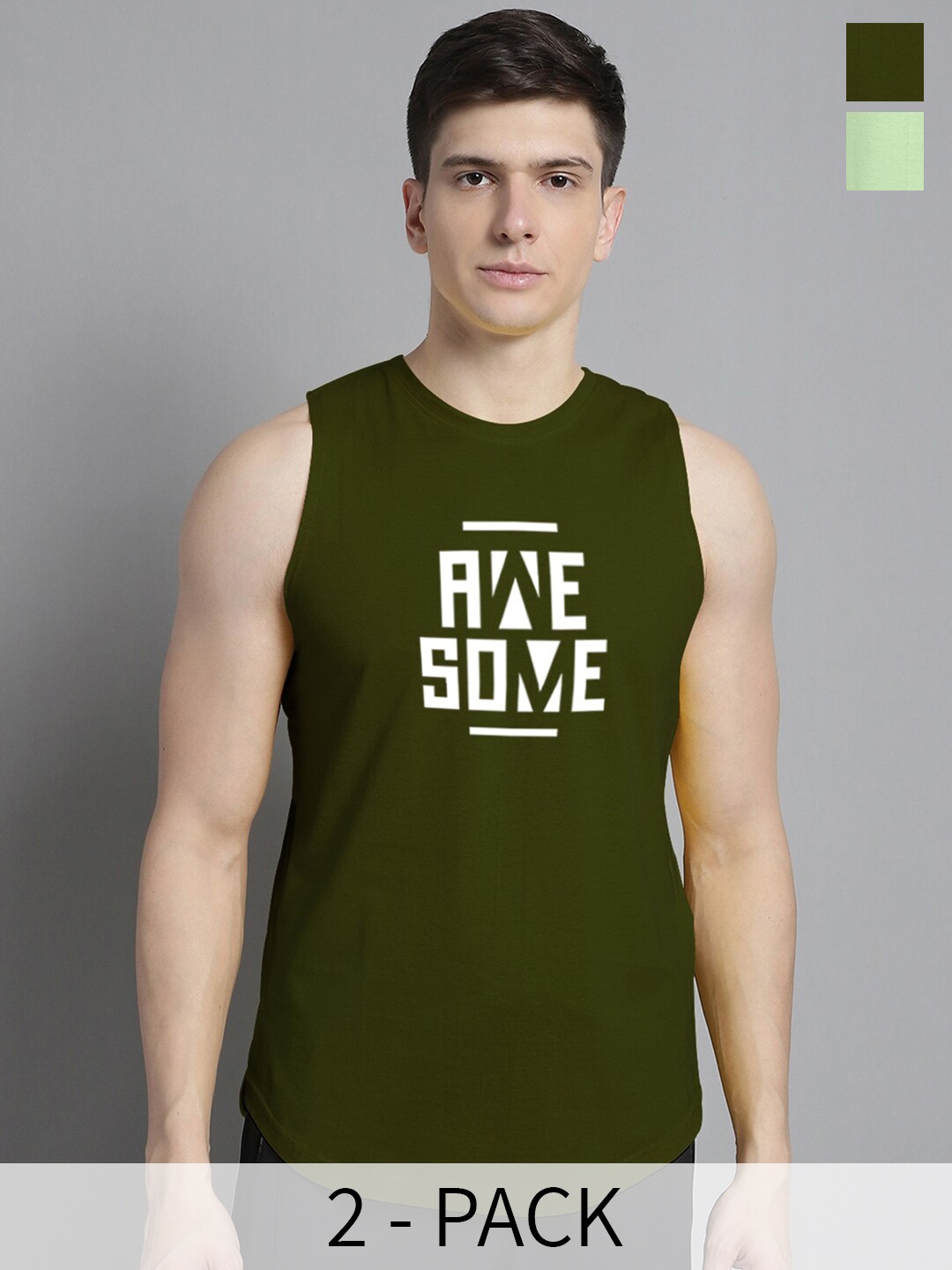 

FBAR Pack Of 2 Typography Printed Skin Friendly Bio Wash Cotton Gym Vest, Olive