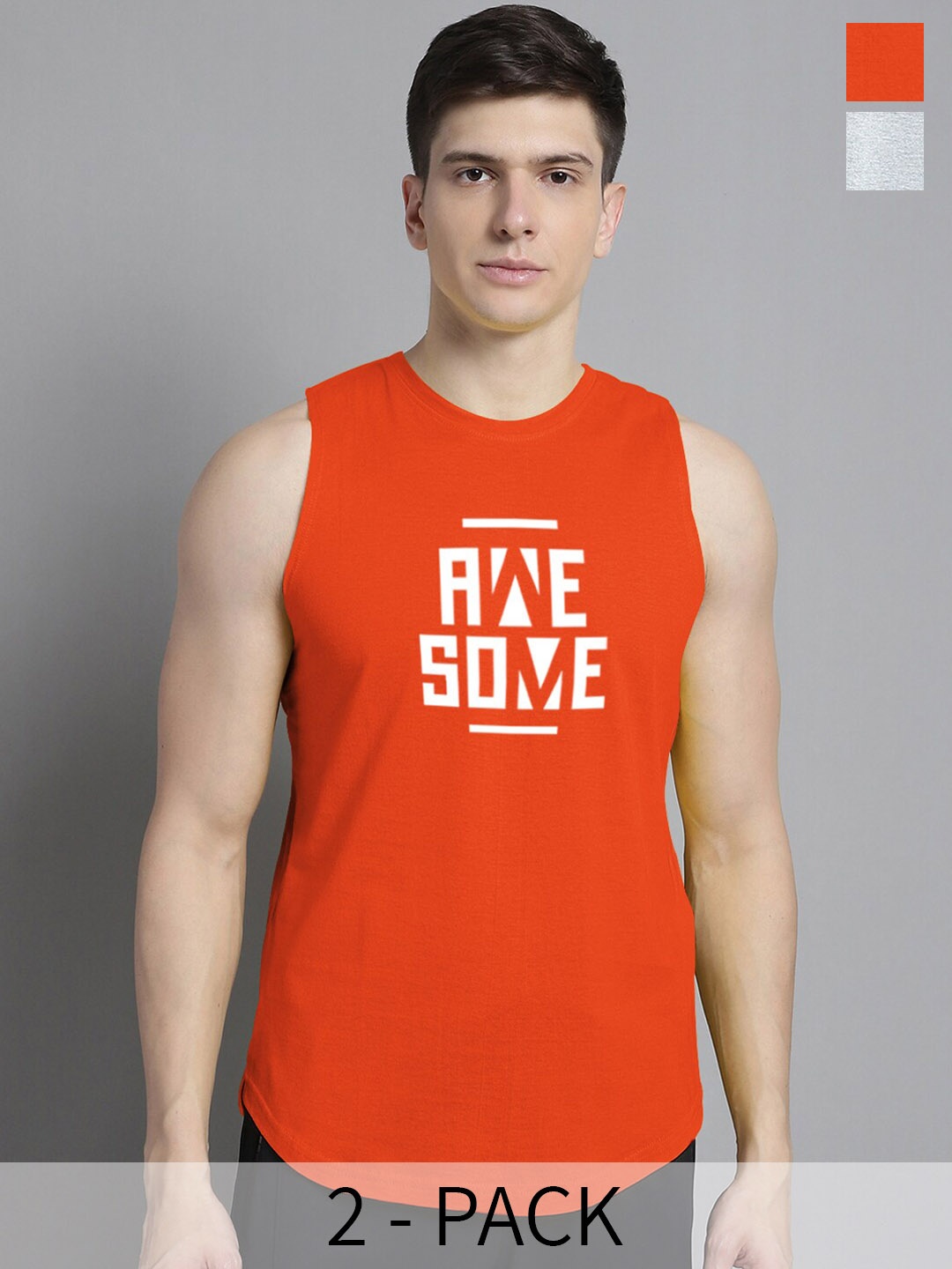 

FBAR Pack Of 2 Typography Printed Skin Friendly Bio Wash Cotton Gym Vest, Orange