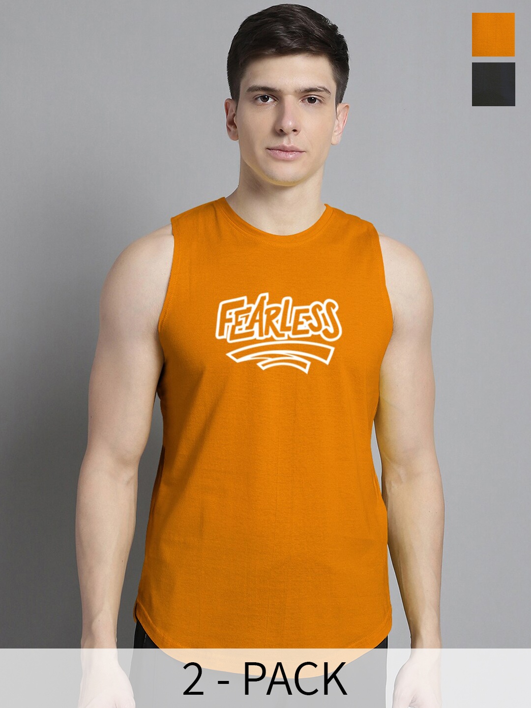 

FBAR Pack Of 2 Typography Printed Skin Friendly Bio Wash Cotton Gym Vest, Mustard