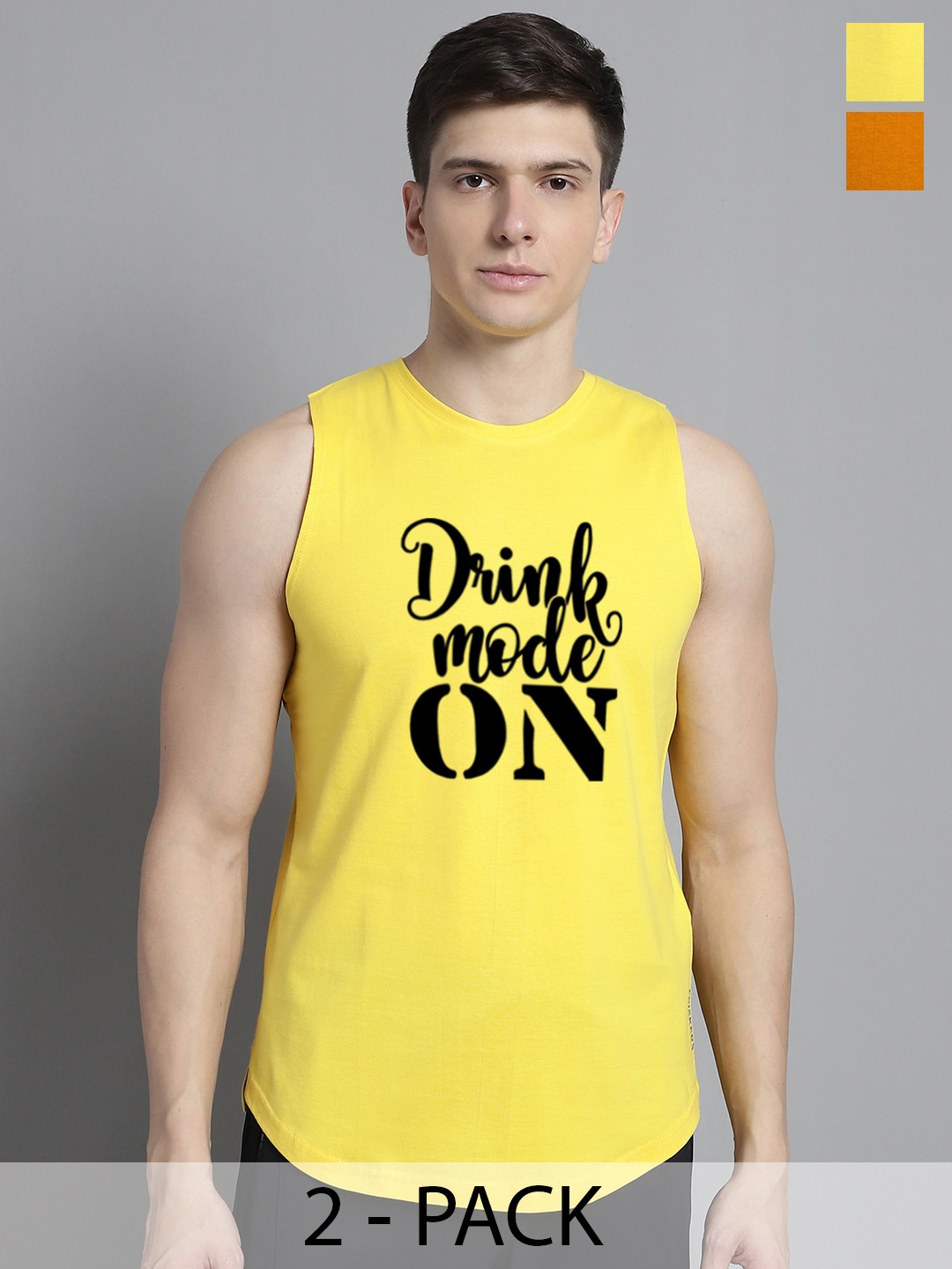 

FBAR Pack Of 2 Typography Printed Skin Friendly Bio Wash Cotton Gym Vest, Yellow