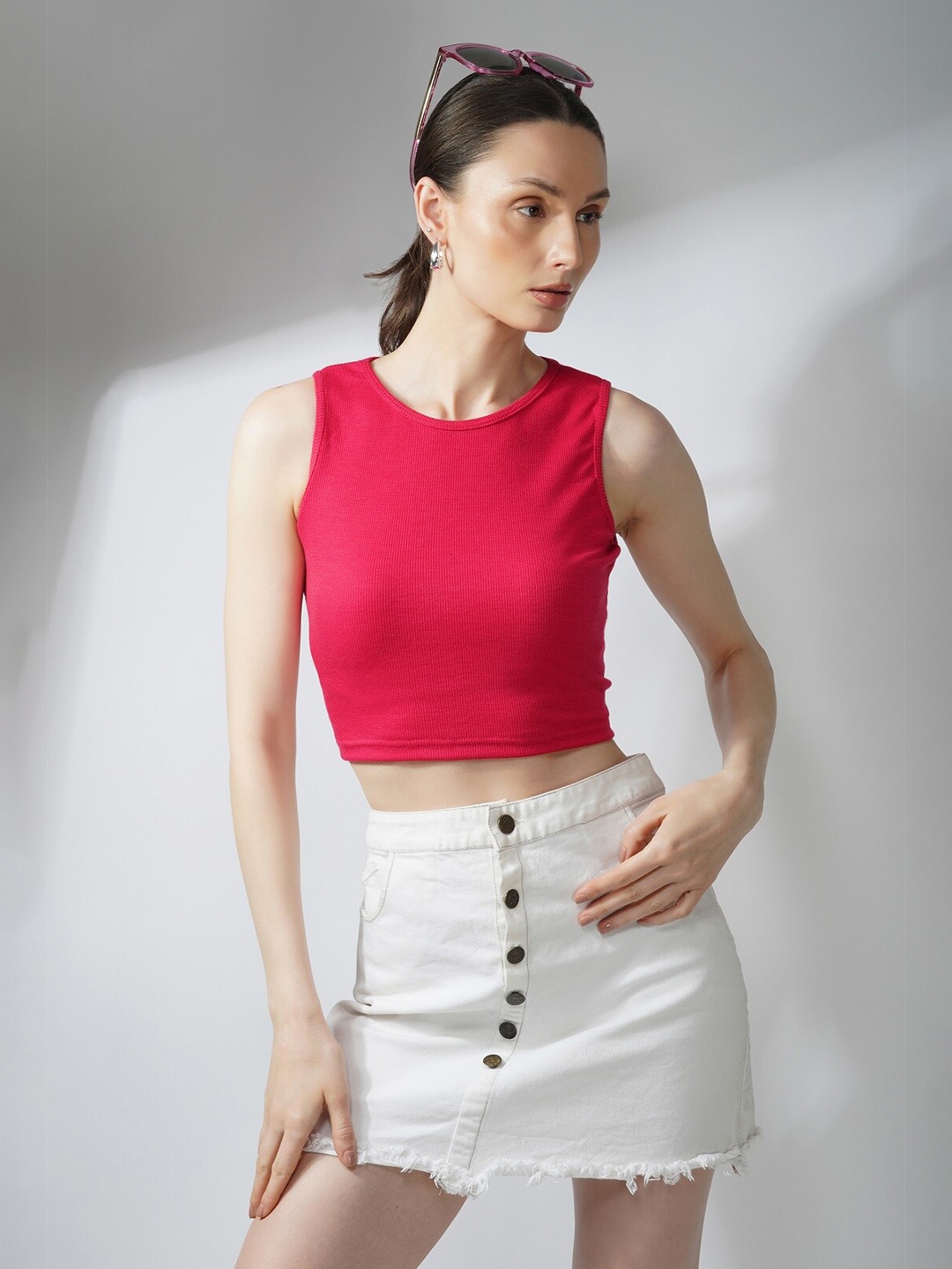 

Lagashi Sleeveless Fitted Crop Top, Pink