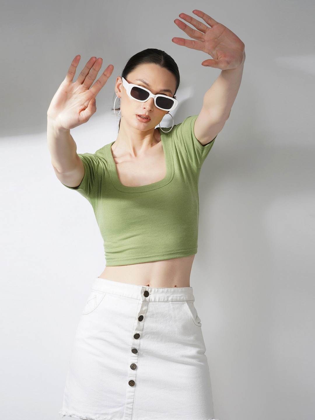 

Lagashi Square Neck Fitted Crop Top, Green