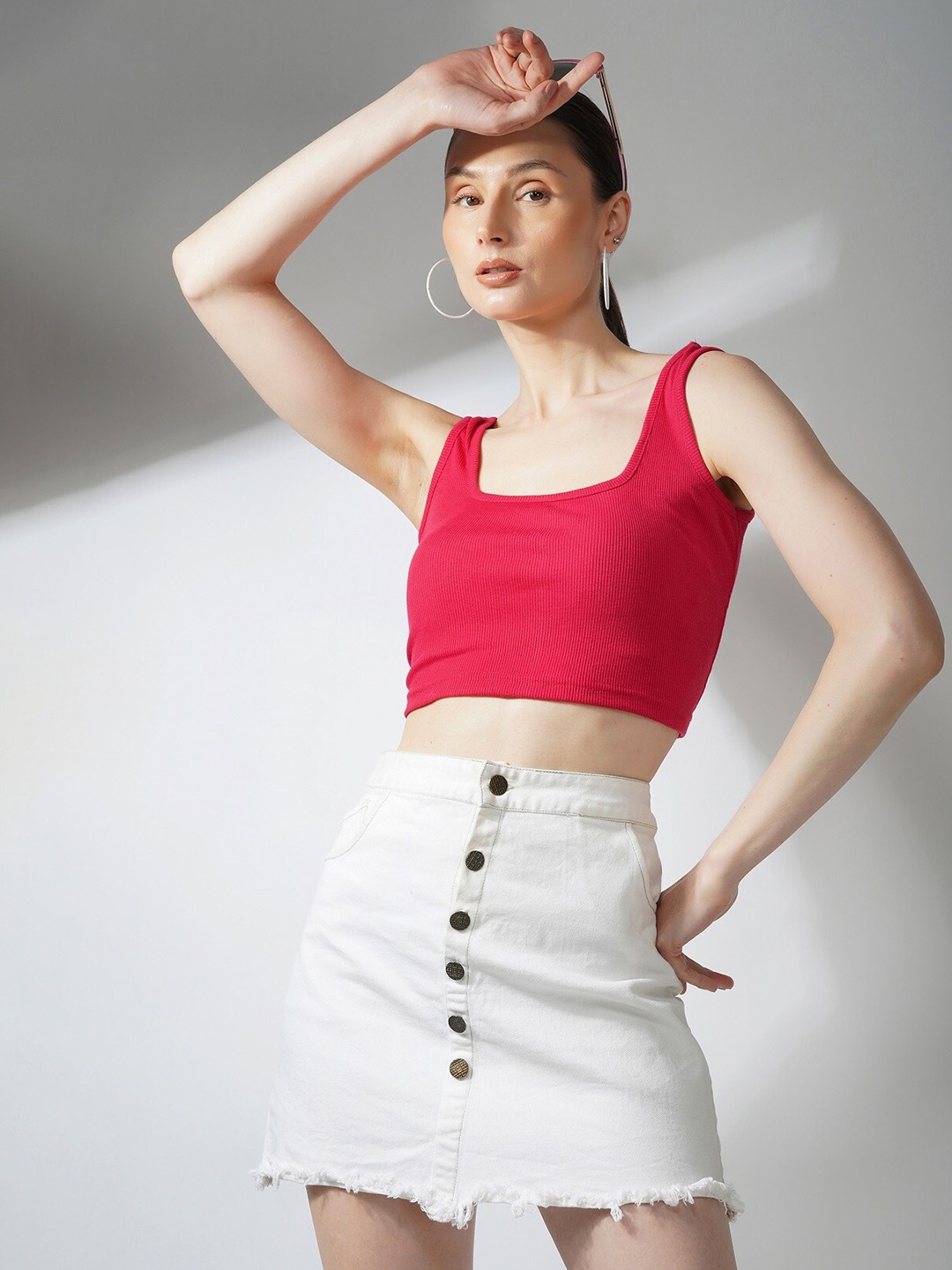 

Lagashi Square Neck Fitted Crop Top, Pink