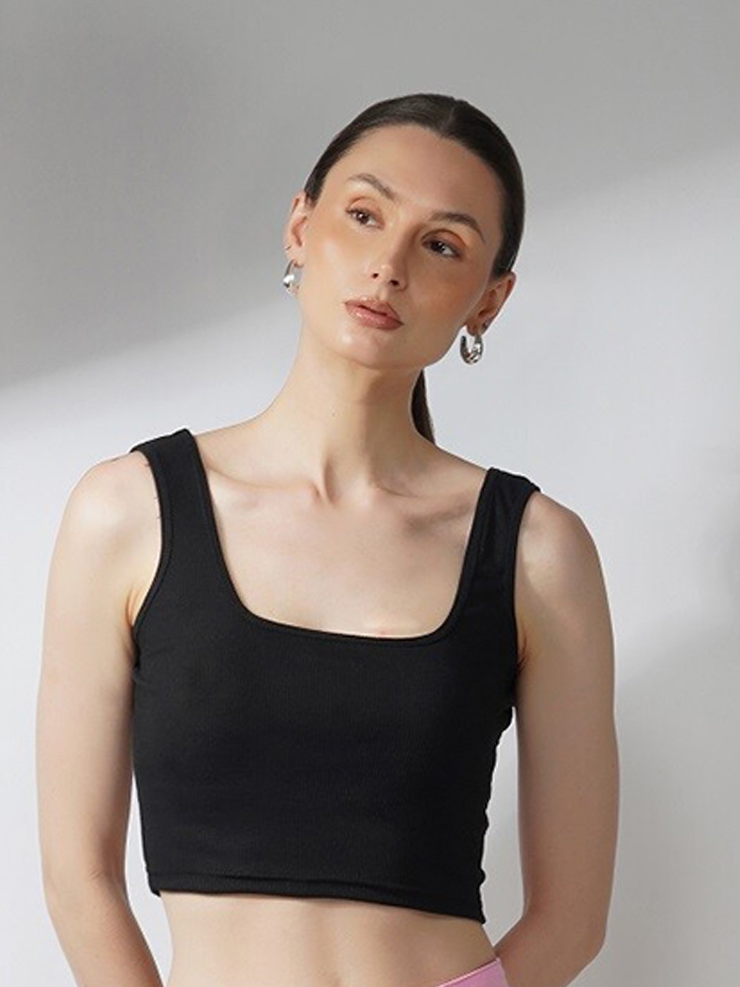 

Lagashi Scoop Neck Cotton Bralette Crop Top, Black
