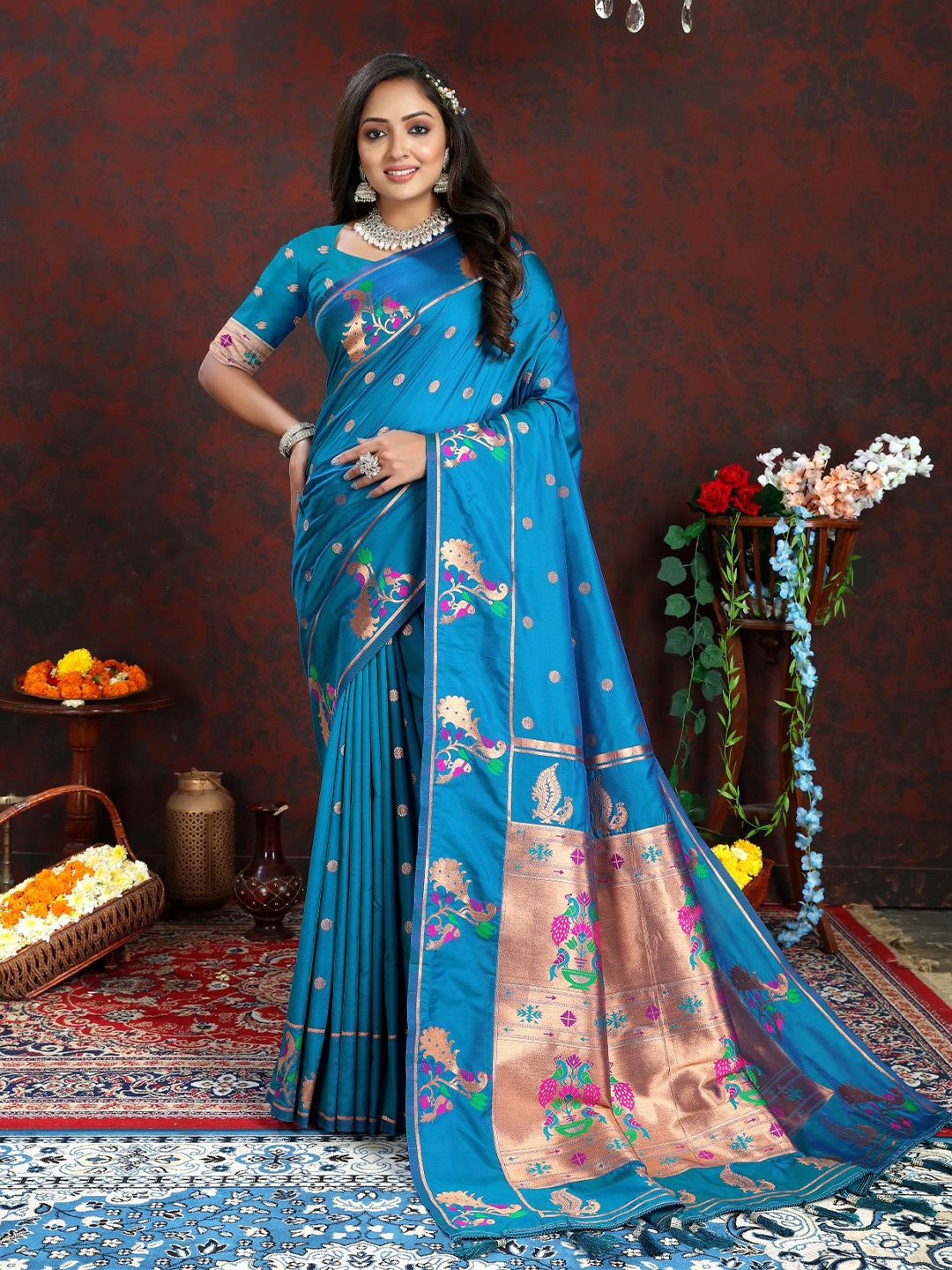 

PATIALAPICKS Woven Design Zari Pure Silk Paithani Saree with Tassels, Blue
