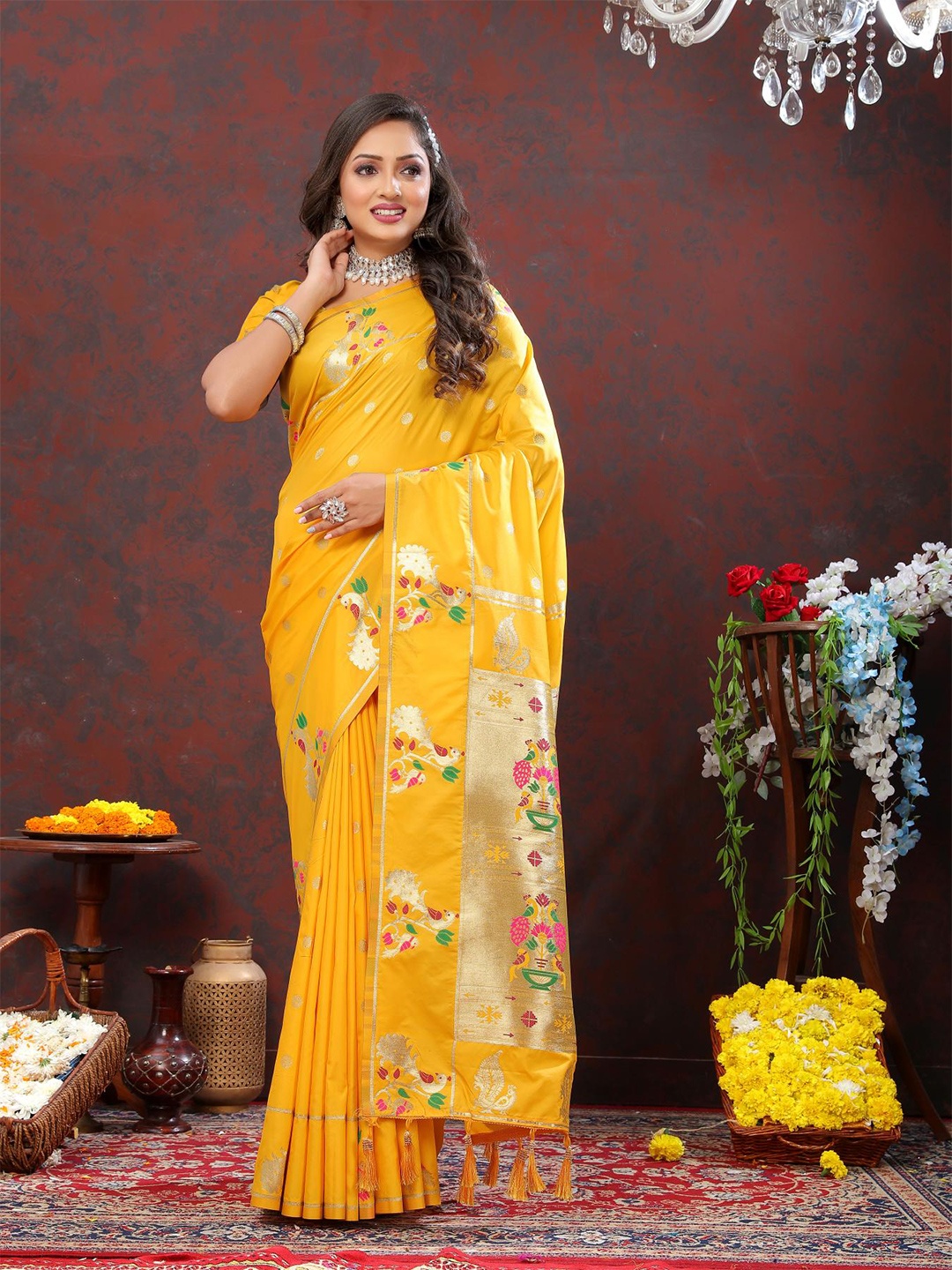 

PATIALAPICKS Ethnic Motifs Woven Design Zari Pure Silk Paithani Saree, Yellow