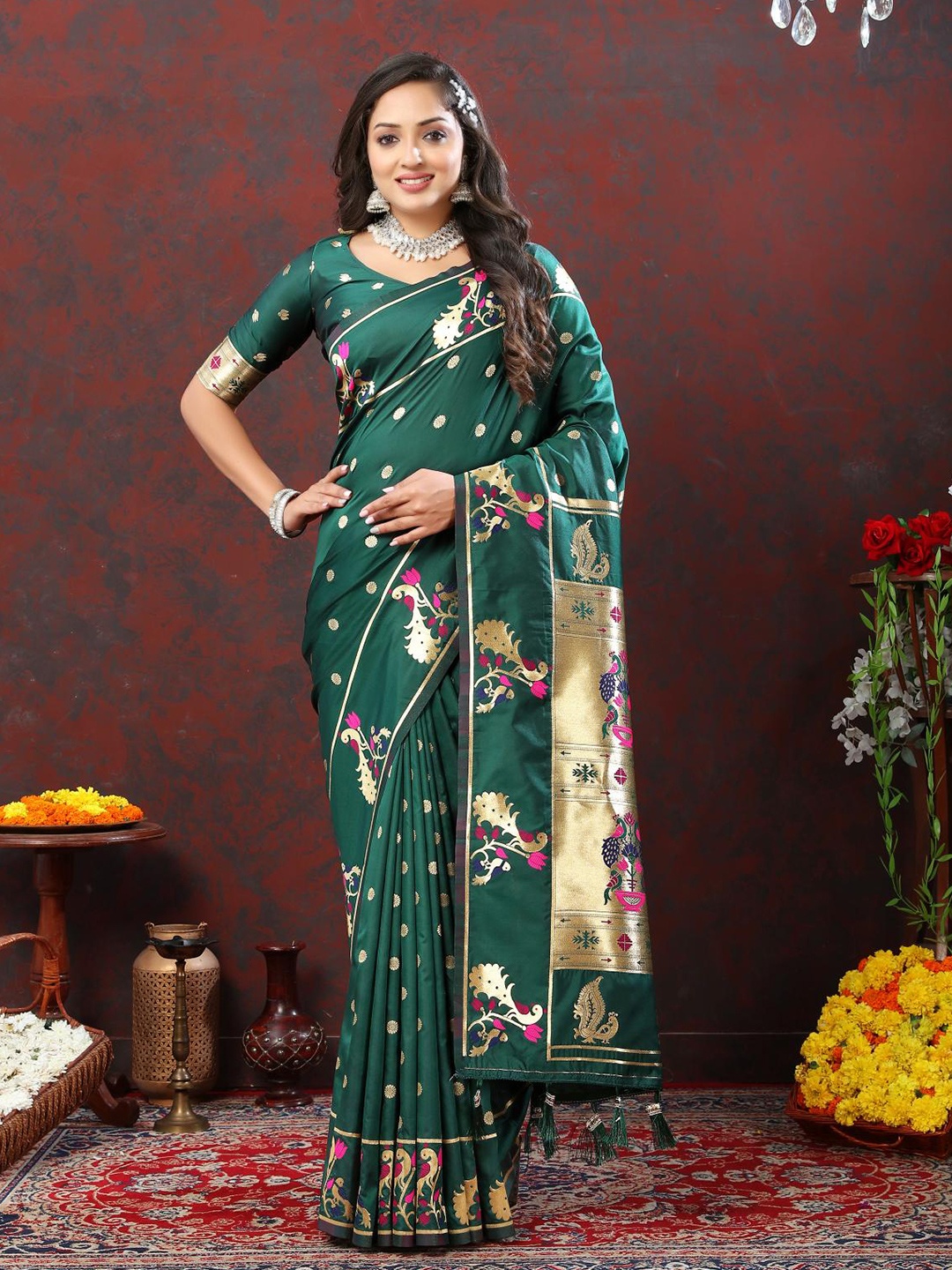 

PATIALAPICKS Ethnic Motifs Woven Design Zari Pure Silk Paithani Saree, Green